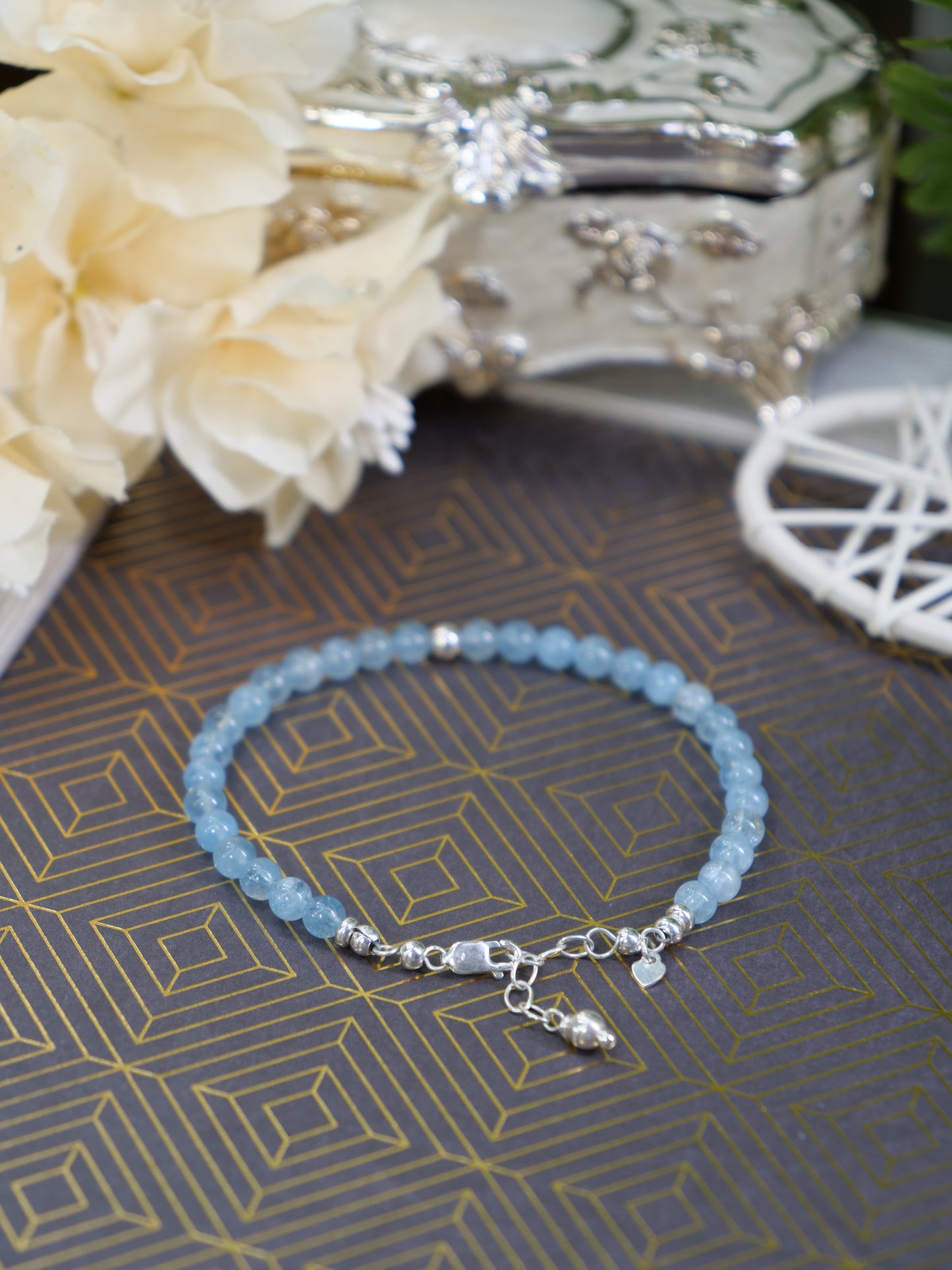 Aquamarine 4mm Beaded Natural Gemstone Sterling Silver/14ct Gold Filled Bracelet, Genuine Top Grade Gift Jewelry, Women Fashion Jewellery