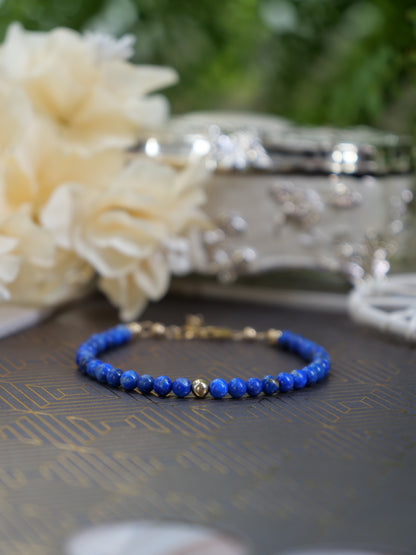 Lapis Lazuli 4mm Beaded Natural Gemstone Sterling Silver/14ct Gold Filled Bracelet, Genuine Top Grade Gift Jewelry, Women Fashion Jewellery