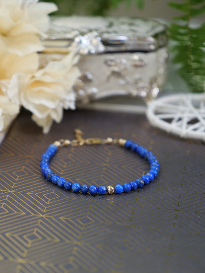 Lapis Lazuli 4mm Beaded Natural Gemstone Sterling Silver/14ct Gold Filled Bracelet, Genuine Top Grade Gift Jewelry, Women Fashion Jewellery