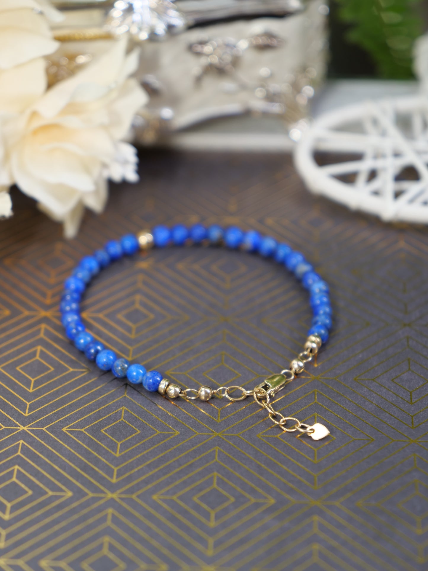 Lapis Lazuli 4mm Beaded Natural Gemstone Sterling Silver/14ct Gold Filled Bracelet, Genuine Top Grade Gift Jewelry, Women Fashion Jewellery