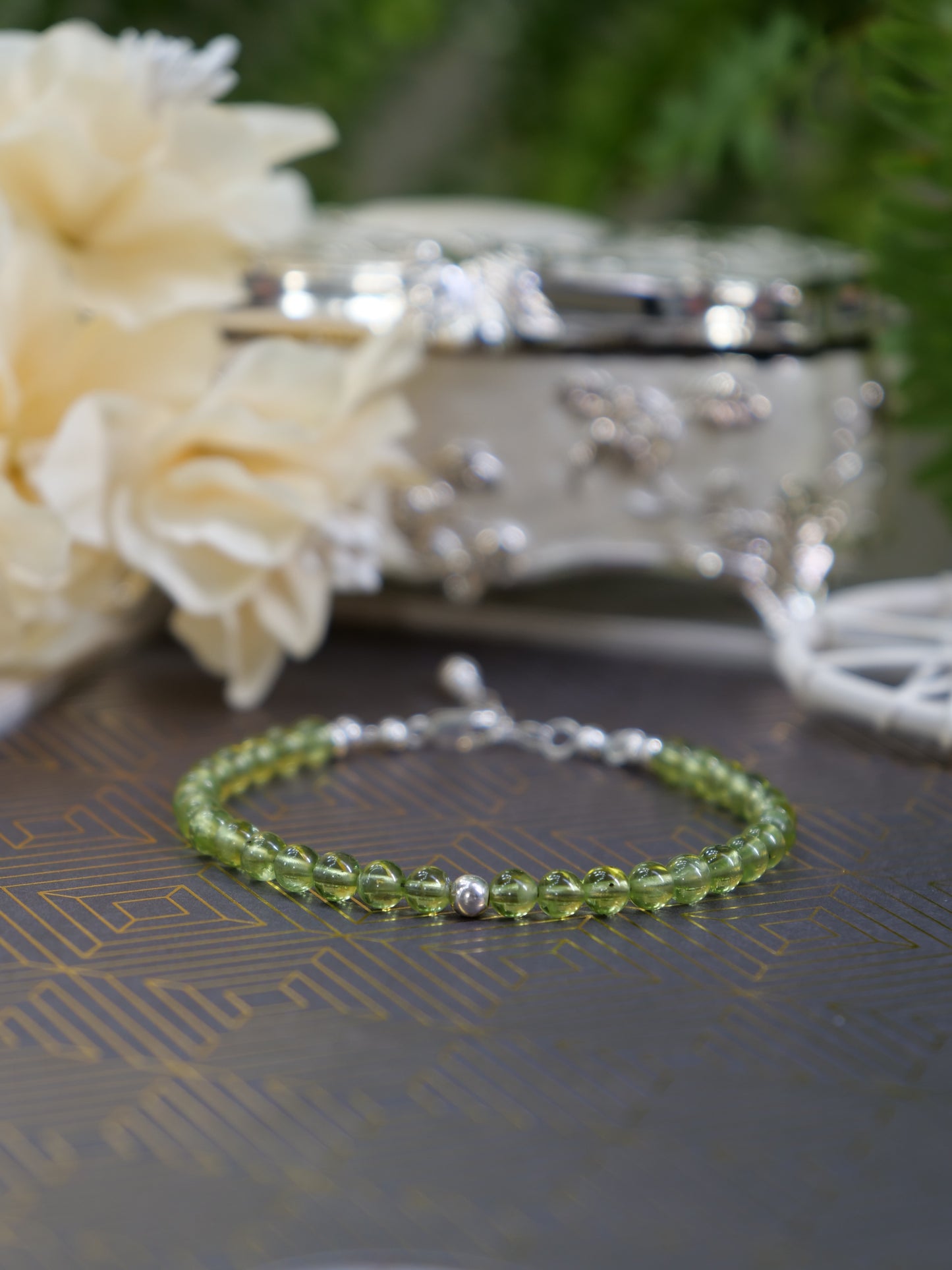 Peridot 4mm Beaded Natural Gemstone Sterling Silver/14ct Gold Filled Bracelet, Genuine Top Grade Gift Jewelry, Women Fashion Jewellery