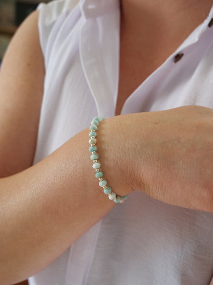 Dominican Larimar 5mm Beaded Natural Gemstone Sterling Silver Bracelet, Genuine Top Grade Gift Jewelry, Women Fashion Jewellery