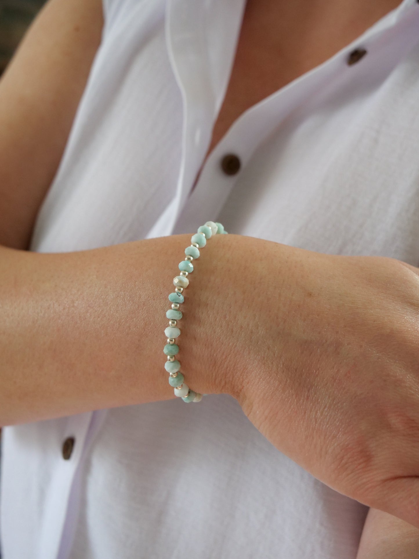 Dominican Larimar 5mm Beaded Natural Gemstone Sterling Silver Bracelet, Genuine Top Grade Gift Jewelry, Women Fashion Jewellery