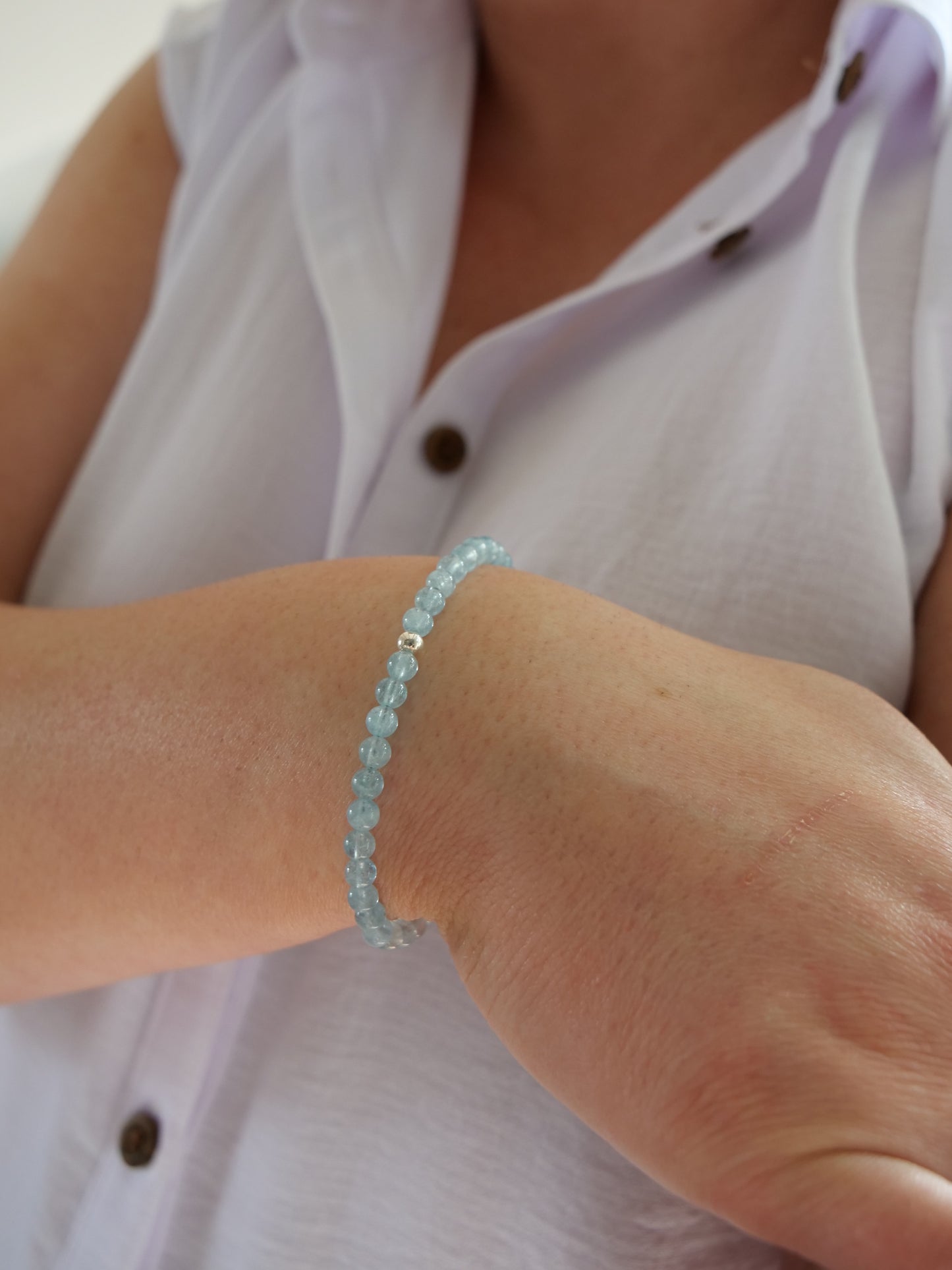 Aquamarine 4mm Beaded Natural Gemstone Sterling Silver/14ct Gold Filled Bracelet, Genuine Top Grade Gift Jewelry, Women Fashion Jewellery