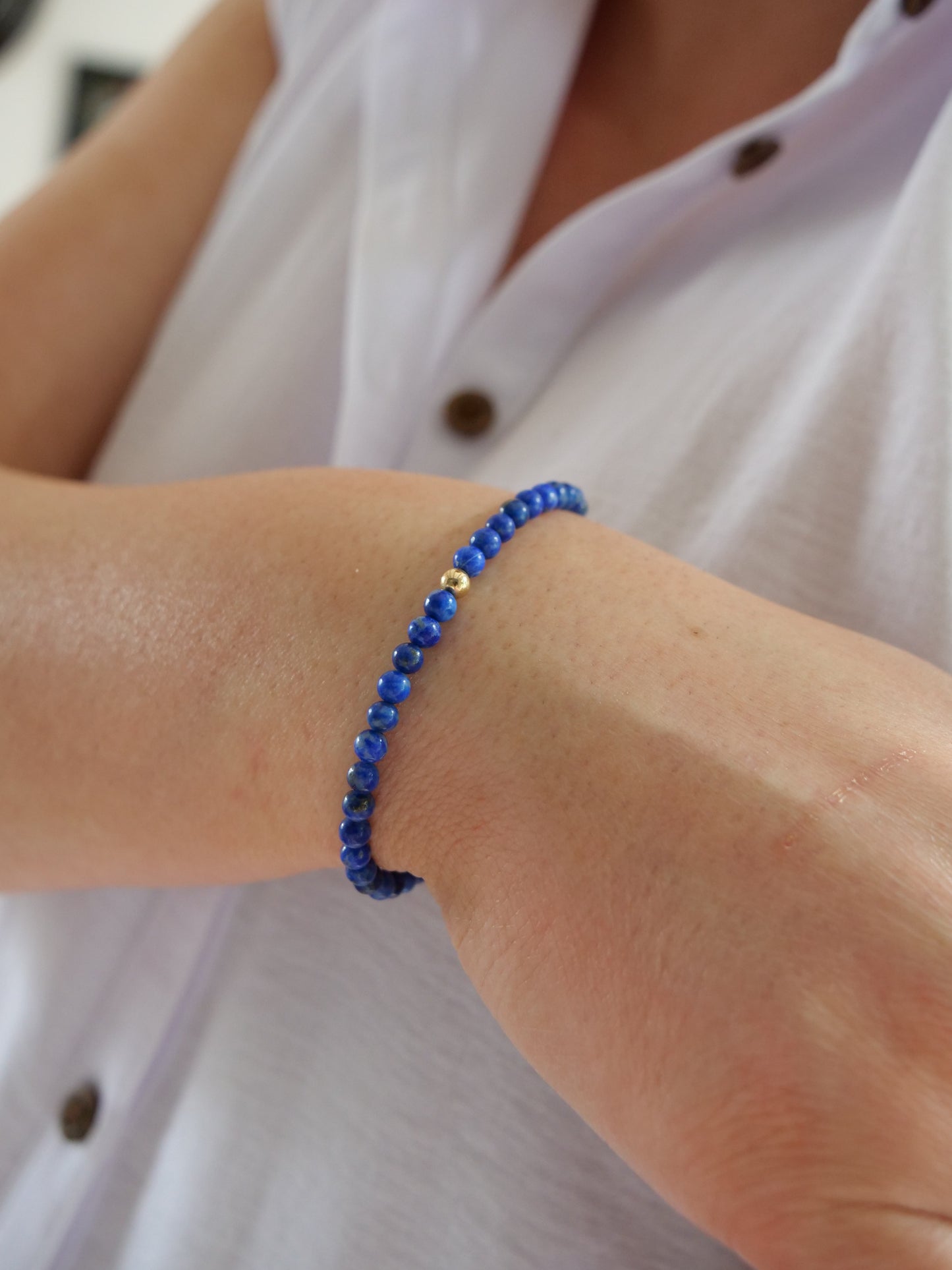 Lapis Lazuli 4mm Beaded Natural Gemstone Sterling Silver/14ct Gold Filled Bracelet, Genuine Top Grade Gift Jewelry, Women Fashion Jewellery