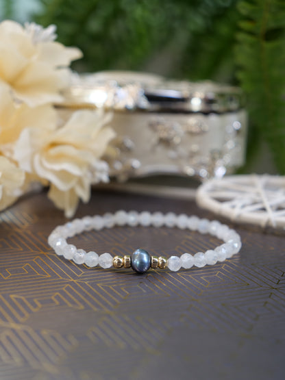 Moonstone 4mm Pearl Beaded Natural Gemstone Sterling Silver 14ct Gold Filled Elastic Bracelet, Genuine Top Grade Gift Jewelry, Women Fashion Jewellery