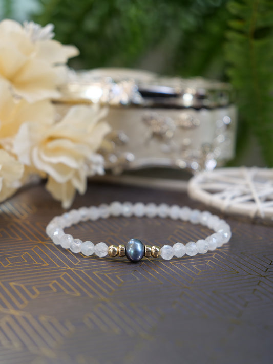 Moonstone 4mm Pearl Beaded Natural Gemstone Sterling Silver 14ct Gold Filled Elastic Bracelet, Genuine Top Grade Gift Jewelry, Women Fashion Jewellery