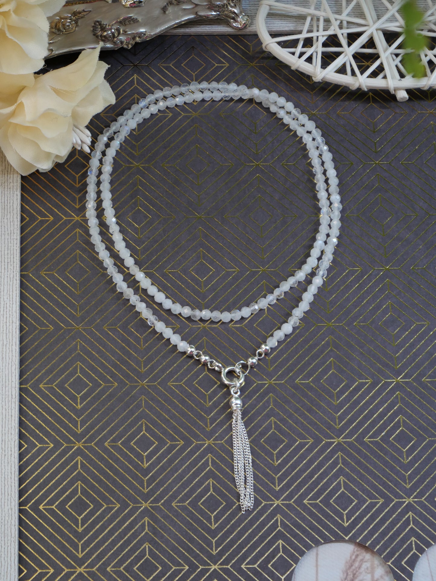 Moonstone Rainbow 3mm Beaded Natural Gemstone Tassel Sterling Silver Y Necklace, Genuine Top Grade Gift Jewelry, Women Fashion Jewellery