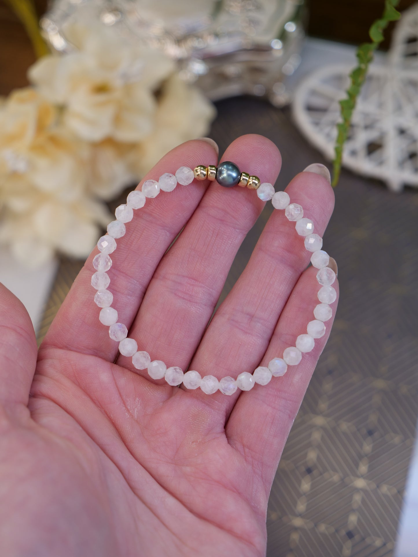 Moonstone 4mm Pearl Beaded Natural Gemstone Sterling Silver 14ct Gold Filled Elastic Bracelet, Genuine Top Grade Gift Jewelry, Women Fashion Jewellery