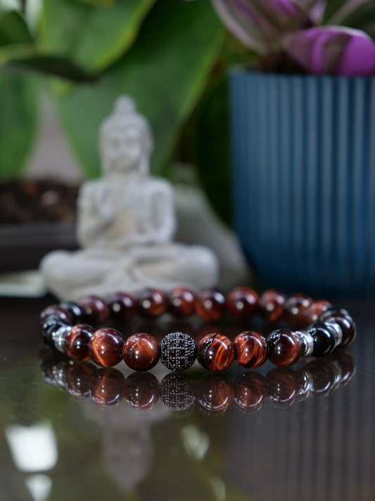 Red Tigers Eye Black Tourmaline 8mm Beaded Natural Gemstone Elastic Bracelet, Genuine Top Grade Gift Jewelry, Men Women Fashion Crystal Energy Jewellery