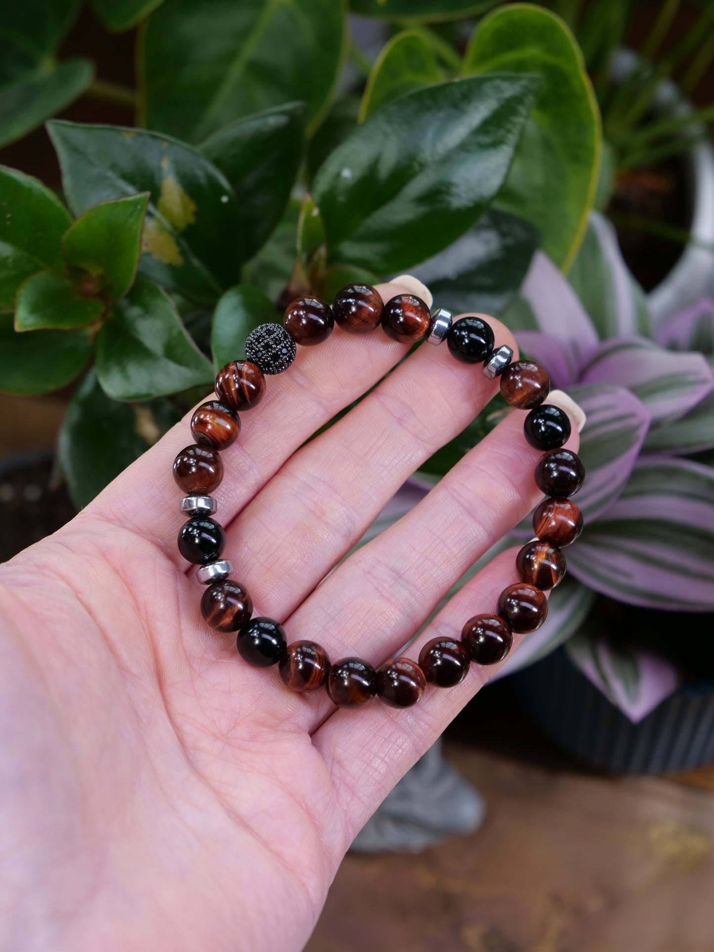 Red Tigers Eye Black Tourmaline 8mm Beaded Natural Gemstone Elastic Bracelet, Genuine Top Grade Gift Jewelry, Men Women Fashion Crystal Energy Jewellery