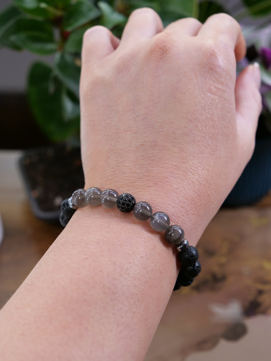 Black Moonstone Lava 8mm Beaded Natural Gemstone Elastic Bracelet, Genuine Top Grade Gift Jewelry, Men Women Fashion Crystal Energy Jewellery