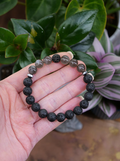 Black Moonstone Lava 8mm Beaded Natural Gemstone Elastic Bracelet, Genuine Top Grade Gift Jewelry, Men Women Fashion Crystal Energy Jewellery