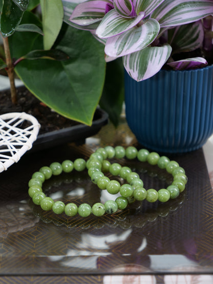 Nephrite 8mm Beaded Natural Gemstone Elastic Bracelet, Genuine Top Grade Gift Jewelry, Men Women Fashion Crystal Energy Jewellery