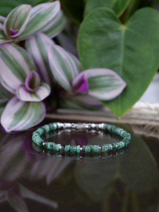 Emerald 4mm Beaded Natural Gemstone Sterling Silver Bracelet, Genuine Top Grade Gift Jewelry, Women Fashion Jewellery, May birthstone