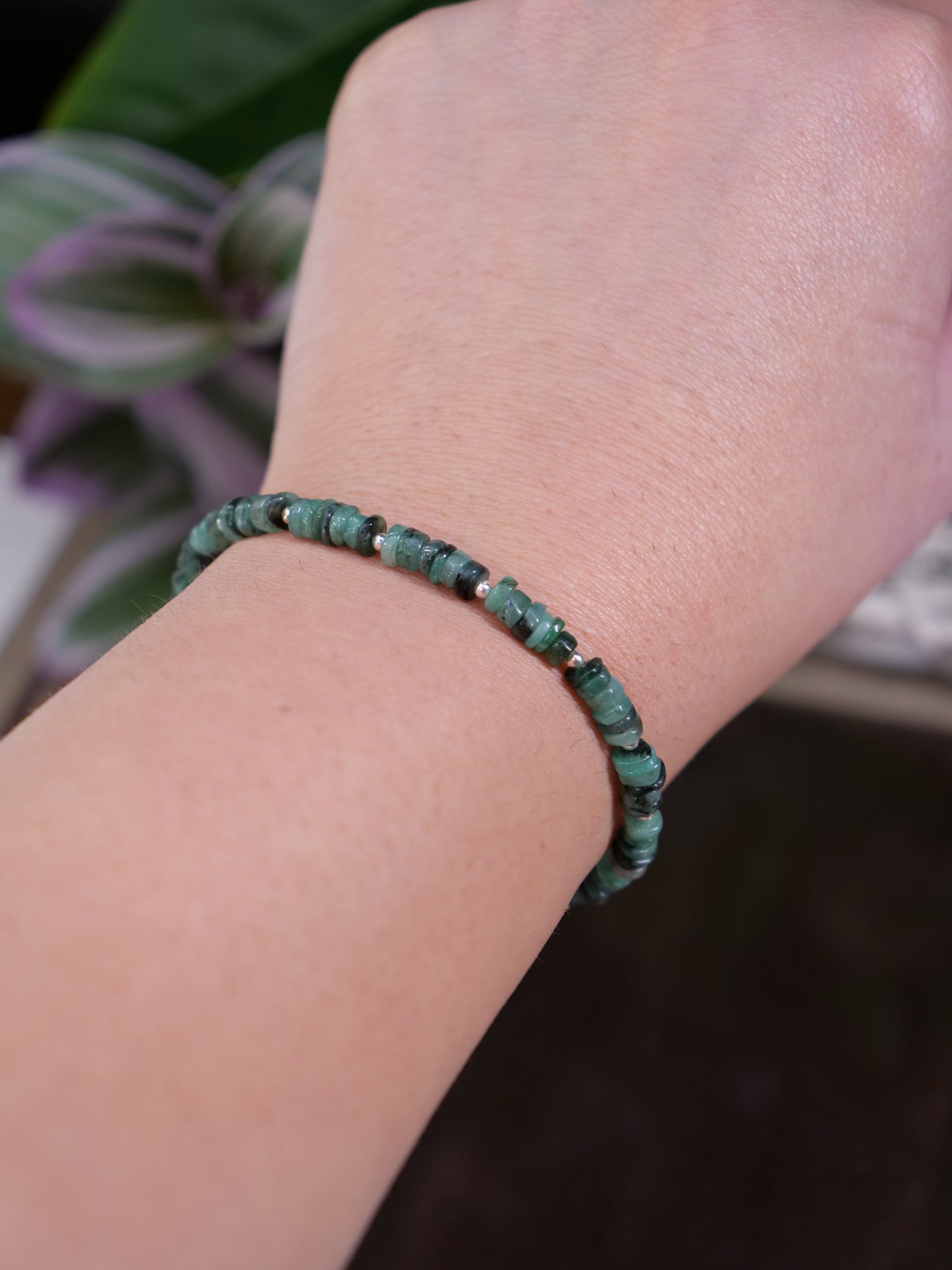 Emerald 4mm Beaded Natural Gemstone Sterling Silver Bracelet, Genuine Top Grade Gift Jewelry, Women Fashion Jewellery, May birthstone