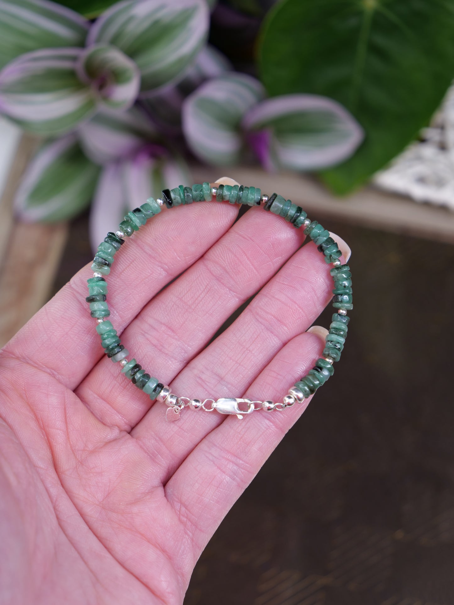 Emerald 4mm Beaded Natural Gemstone Sterling Silver Bracelet, Genuine Top Grade Gift Jewelry, Women Fashion Jewellery, May birthstone