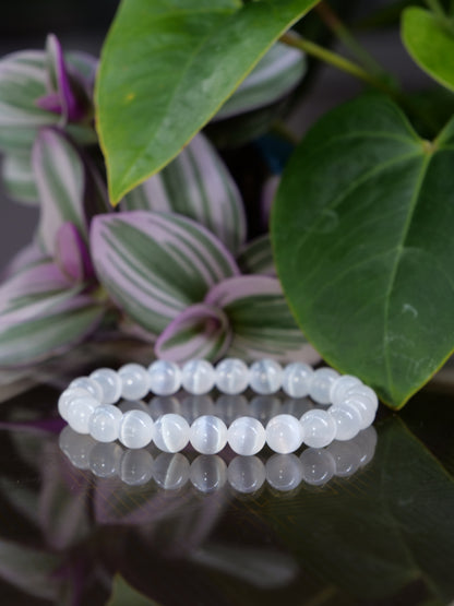 Selenite 8mm Beaded Natural Gemstone Elastic Bracelet, Genuine Top Grade Gift Jewelry, Men Women Fashion Crystal Energy Jewellery