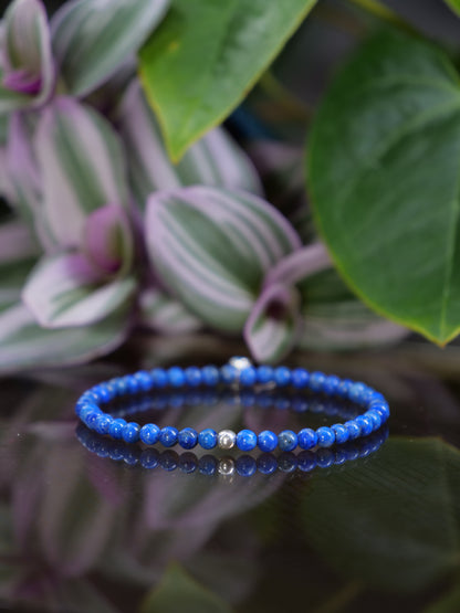 Lapis Lazuli 4mm Beaded Natural Gemstone Sterling Silver Elastic Bracelet, Genuine Top Grade Gift Jewelry, Women Fashion Jewellery