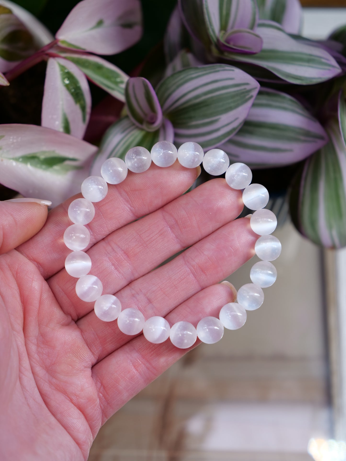 Selenite 8mm Beaded Natural Gemstone Elastic Bracelet, Genuine Top Grade Gift Jewelry, Men Women Fashion Crystal Energy Jewellery