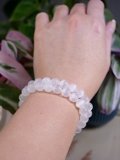 Selenite 8mm Beaded Natural Gemstone Elastic Bracelet, Genuine Top Grade Gift Jewelry, Men Women Fashion Crystal Energy Jewellery