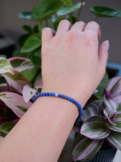 Lapis Lazuli 4mm Beaded Natural Gemstone Sterling Silver Elastic Bracelet, Genuine Top Grade Gift Jewelry, Women Fashion Jewellery