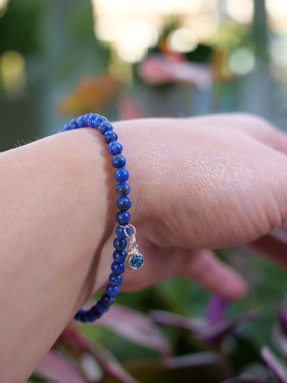 Lapis Lazuli 4mm Beaded Natural Gemstone Sterling Silver Elastic Bracelet, Genuine Top Grade Gift Jewelry, Women Fashion Jewellery