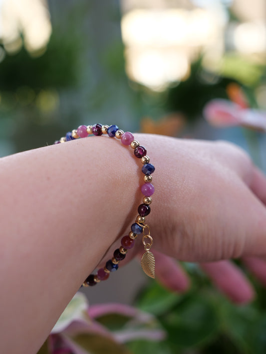 Ruby Garnet Rhodolite 4mm Beaded Natural Mix Gemstone 14ct Gold Filled Elastic Bracelet, Leaf charm bracelet, Multicolour boho bracelet