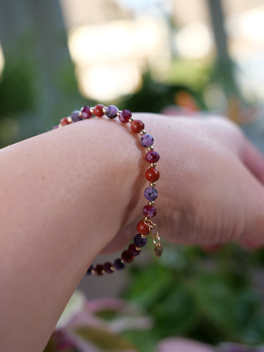 Jasper Red Charoite 4mm Beaded Natural Mix Gemstone 14ct Gold Filled Sterling Silver Elastic Bracelet, Multicolour boho bracelet