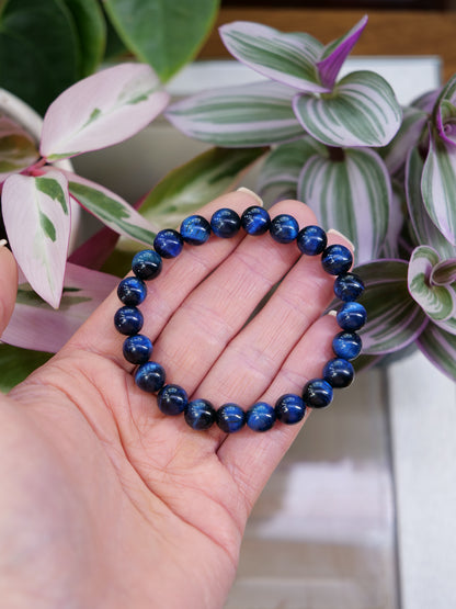 Blue Tigers Eye 8mm Beaded Natural Gemstone Elastic Bracelet, Genuine Top Grade Gift Jewelry, Men Women Fashion Crystal Energy Jewellery