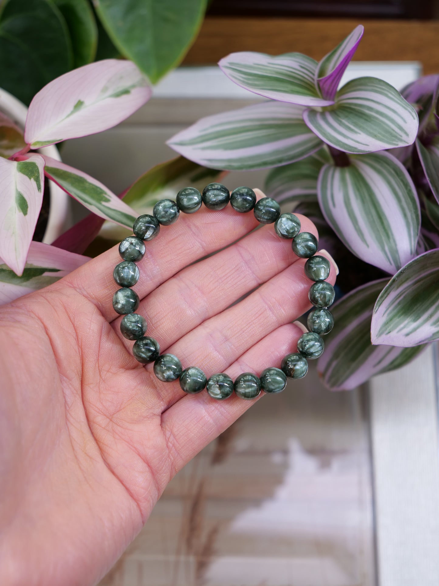 Seraphinite 8mm Beaded Natural Gemstone Elastic Bracelet, Genuine Top Grade Gift Jewelry, Men Women Fashion Crystal Energy Jewellery