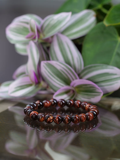 Red Tigers Eye 8mm Beaded Natural Gemstone Elastic Bracelet, Genuine Top Grade Gift Jewelry, Men Women Fashion Crystal Energy Jewellery