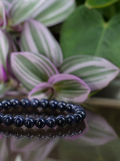 Blue Goldstone 8mm Beaded Gemstone Elastic Bracelet, Genuine Top Grade Gift Jewelry, Men Women Fashion Crystal Energy Jewellery