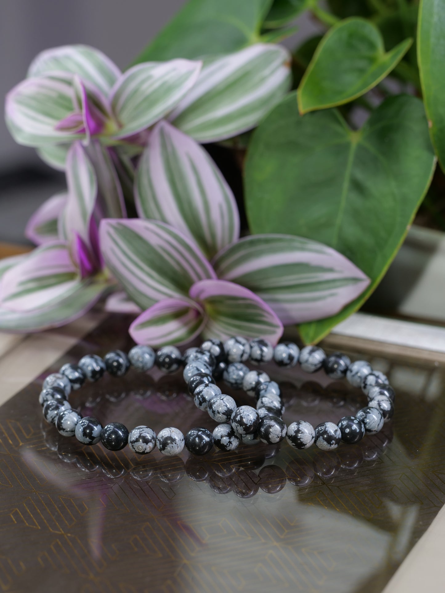 Black Snowflake Obsidian 8mm Beaded Natural Gemstone Elastic Bracelet, Genuine Top Grade Gift Jewelry, Men Women Fashion Crystal Energy Jewellery