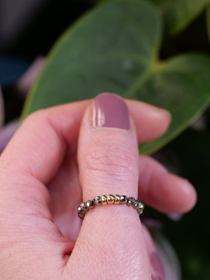 Pyrite 3mm Beaded Natural Gemstone Sterling Silver/14ct Gold Filled Elastic Ring, Genuine Top Grade Gift Jewelry, Women Jewellery