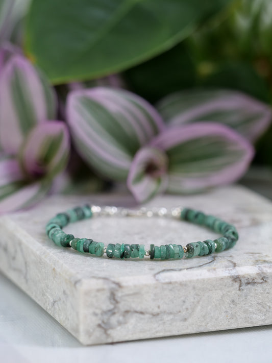 Emerald 4mm Beaded Natural Gemstone Sterling Silver Bracelet, Genuine Top Grade Gift Jewelry, Women Fashion Jewellery, May birthstone