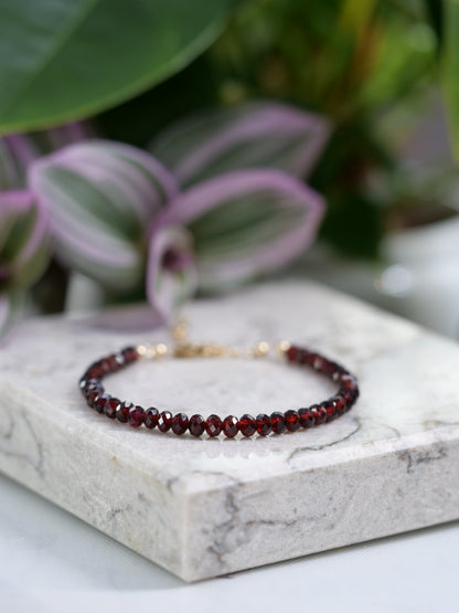 Malaya Garnet 4mm Beaded Natural Gemstone Sterling Silver/14ct Gold Filled Elastic Bracelet, Genuine Top Grade Gift Jewelry, Woman Jewellery