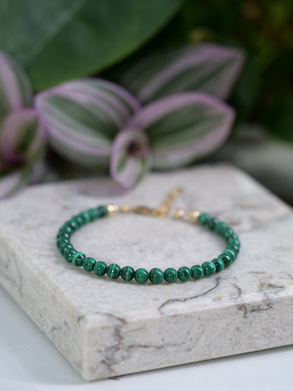 Malachite 4mm Beaded Natural Gemstone Sterling Silver / 14ct Gold Filled Elastic Bracelet, Genuine Top Grade Gift Jewelry