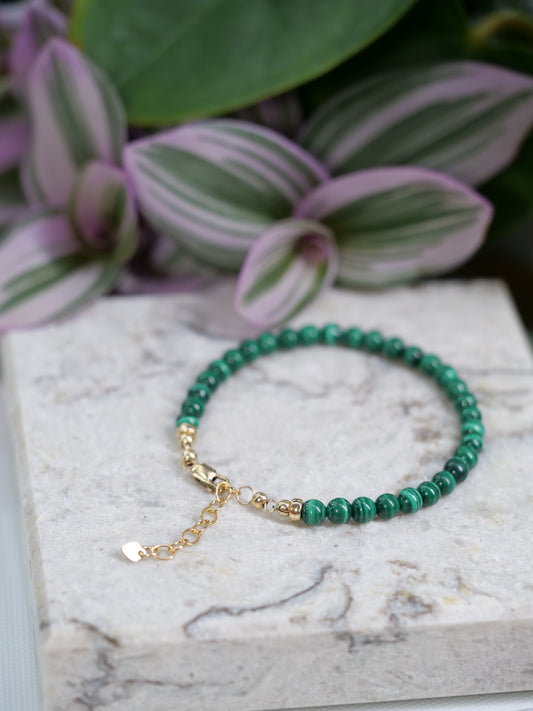 Malachite 4mm Beaded Natural Gemstone Sterling Silver / 14ct Gold Filled Elastic Bracelet, Genuine Top Grade Gift Jewelry