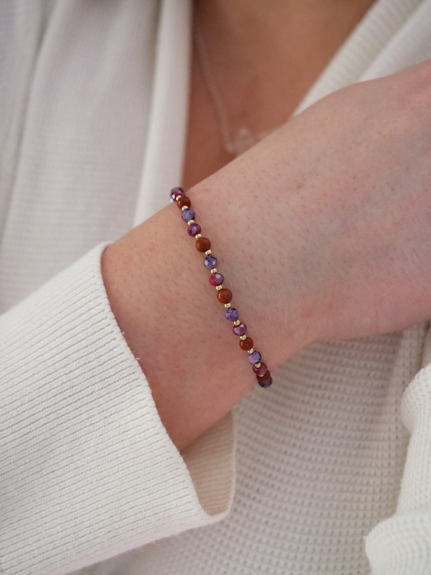 Jasper Red Charoite 4mm Beaded Natural Mix Gemstone 14ct Gold Filled Sterling Silver Elastic Bracelet, Multicolour boho bracelet