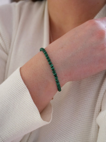 Malachite 4mm Beaded Natural Gemstone Sterling Silver / 14ct Gold Filled Elastic Bracelet, Genuine Top Grade Gift Jewelry