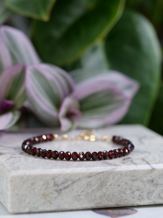 Malaya Garnet 4mm Beaded Natural Gemstone Sterling Silver/14ct Gold Filled Elastic Bracelet, Genuine Top Grade Gift Jewelry, Woman Jewellery