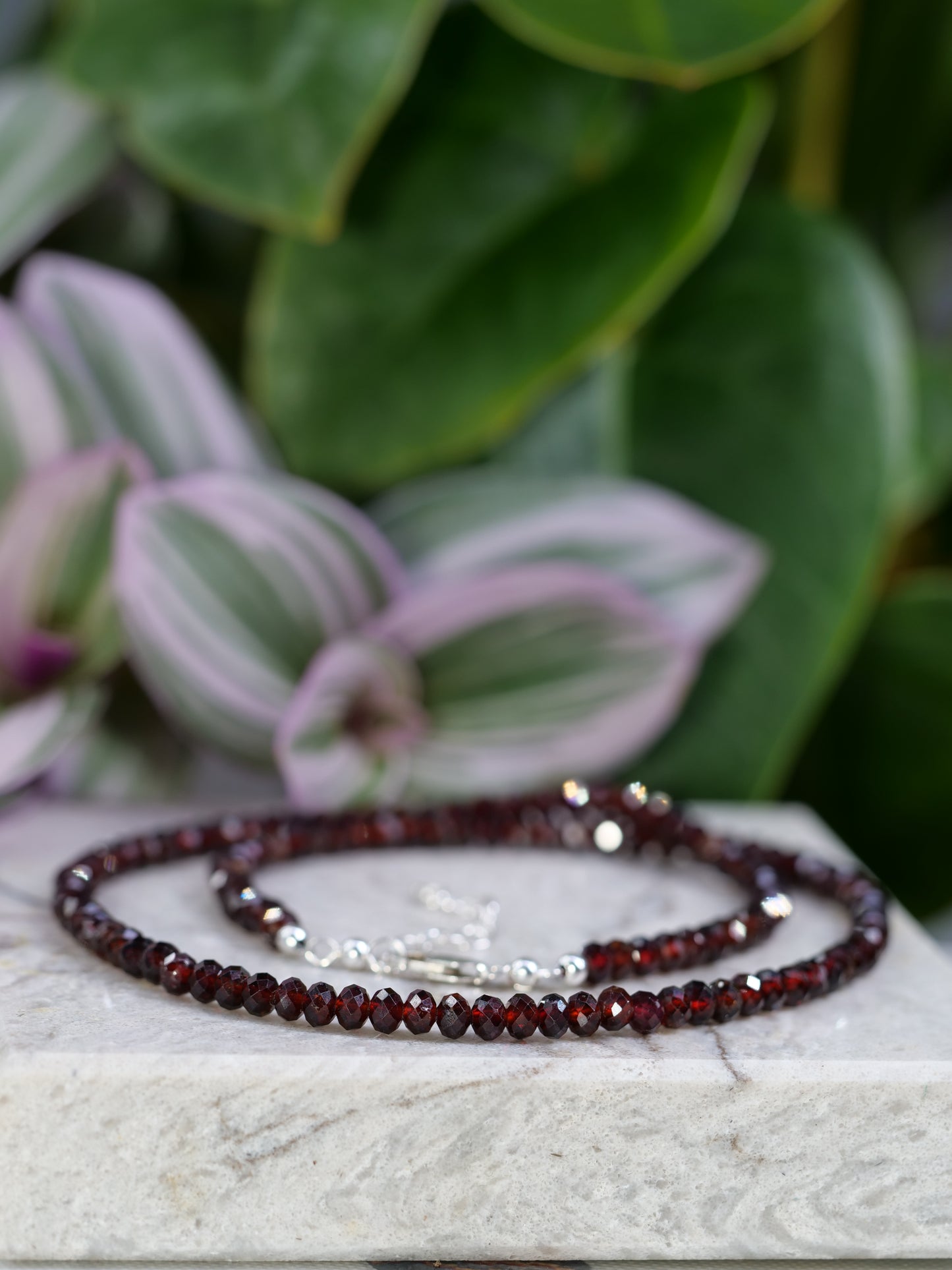 Malaya Garnet 4mm Beaded Natural Gemstone Sterling Silver Necklace, Genuine Top Grade Gift Jewelry, Women Fashion Crystal Energy Jewellery