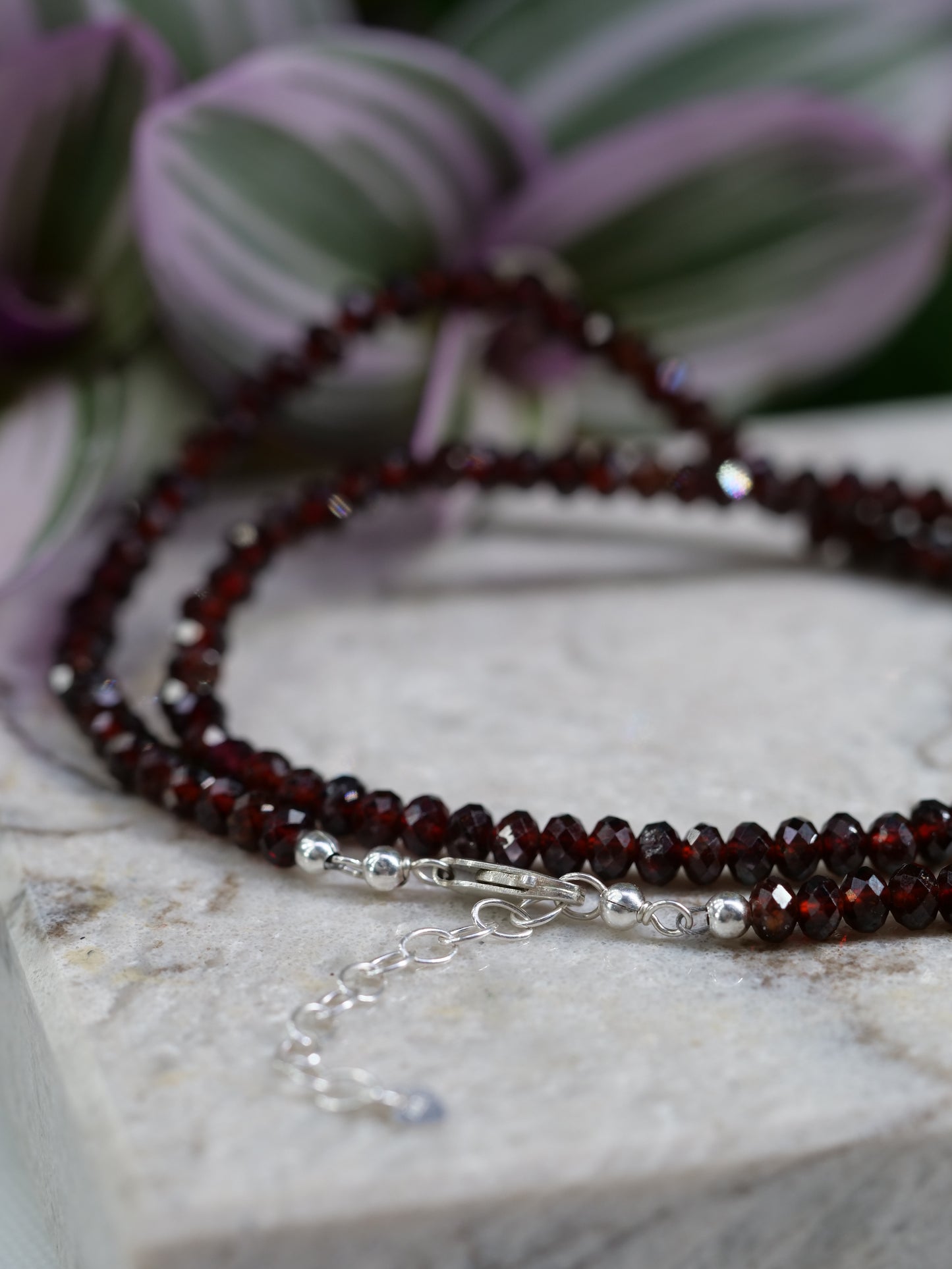 Malaya Garnet 4mm Beaded Natural Gemstone Sterling Silver Necklace, Genuine Top Grade Gift Jewelry, Women Fashion Crystal Energy Jewellery