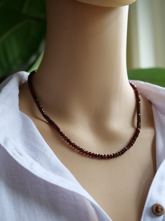 Malaya Garnet 4mm Beaded Natural Gemstone Sterling Silver Necklace, Genuine Top Grade Gift Jewelry, Women Fashion Crystal Energy Jewellery