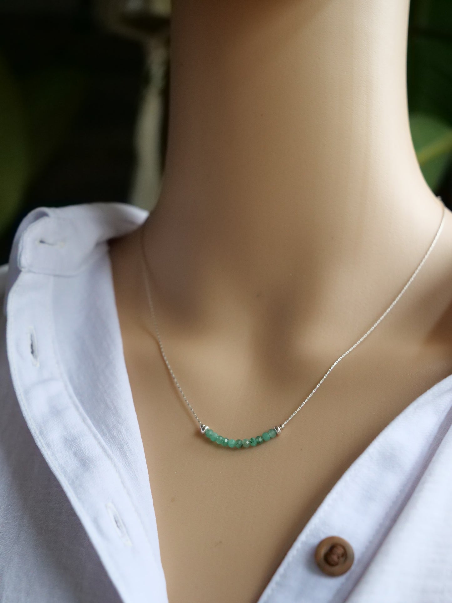 Emerald 3mm Natural Gemstone Sterling Silver Dainty Necklace, Genuine Top Grade Gift Jewelry, Women Crystal Energy Jewellery