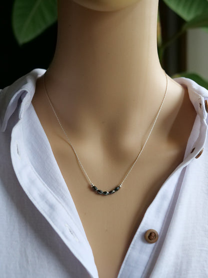 Hematite 3mm Natural Gemstone Sterling Silver Dainty Necklace, Genuine Top Grade Gift Jewelry, Women Fashion Crystal Energy Jewellery