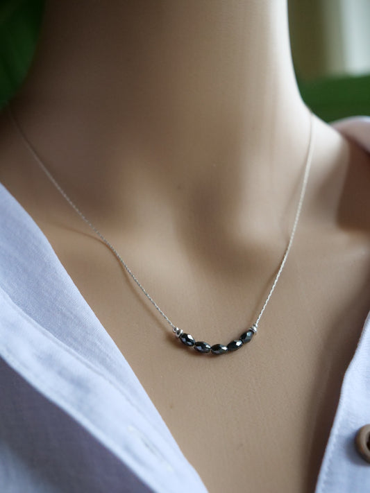 Hematite 3mm Natural Gemstone Sterling Silver Dainty Necklace, Genuine Top Grade Gift Jewelry, Women Fashion Crystal Energy Jewellery