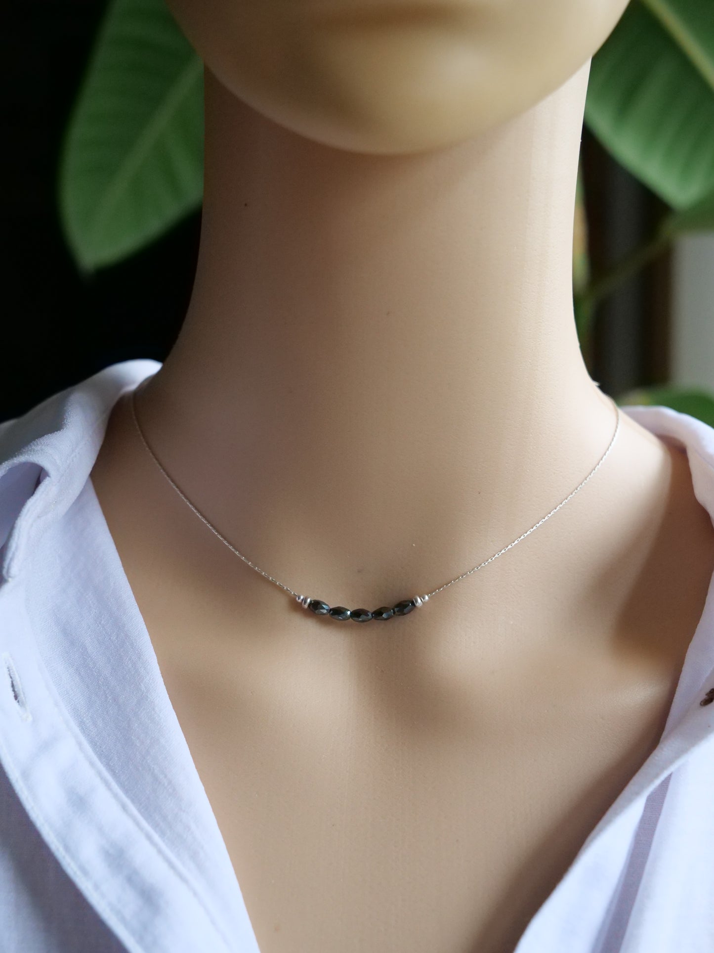 Hematite 3mm Natural Gemstone Sterling Silver Dainty Necklace, Genuine Top Grade Gift Jewelry, Women Fashion Crystal Energy Jewellery