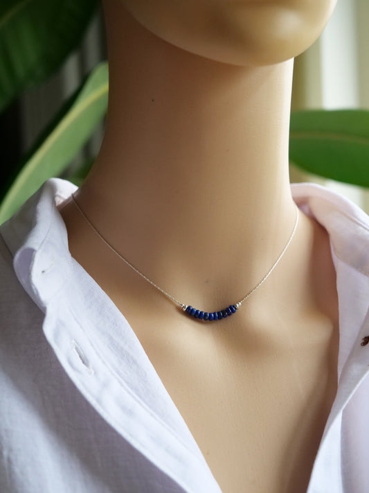 Lapis Lazuli 4mm Natural Gemstone Sterling Silver Dainty Necklace, Genuine Top Grade Gift Jewelry, Women Crystal Energy Jewellery